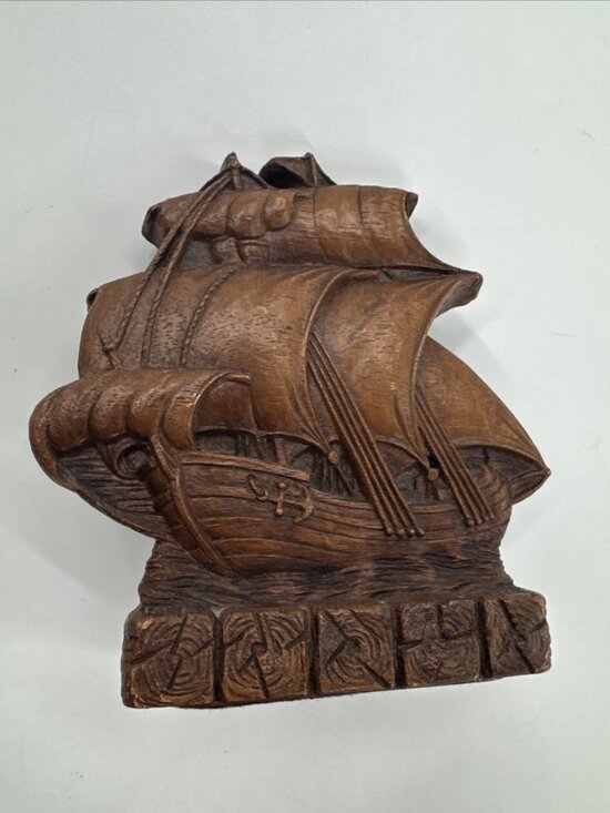 OrnawWood Other - Vintage Ornawood Single Bookend Sailing Ship Wood Carved Nautical Skipper USA